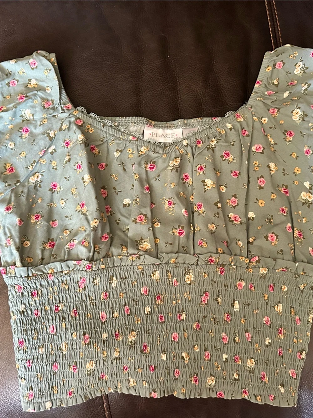 The Children's Place Olive Green Floral Smocked Dress with Pink & Cream Flowers